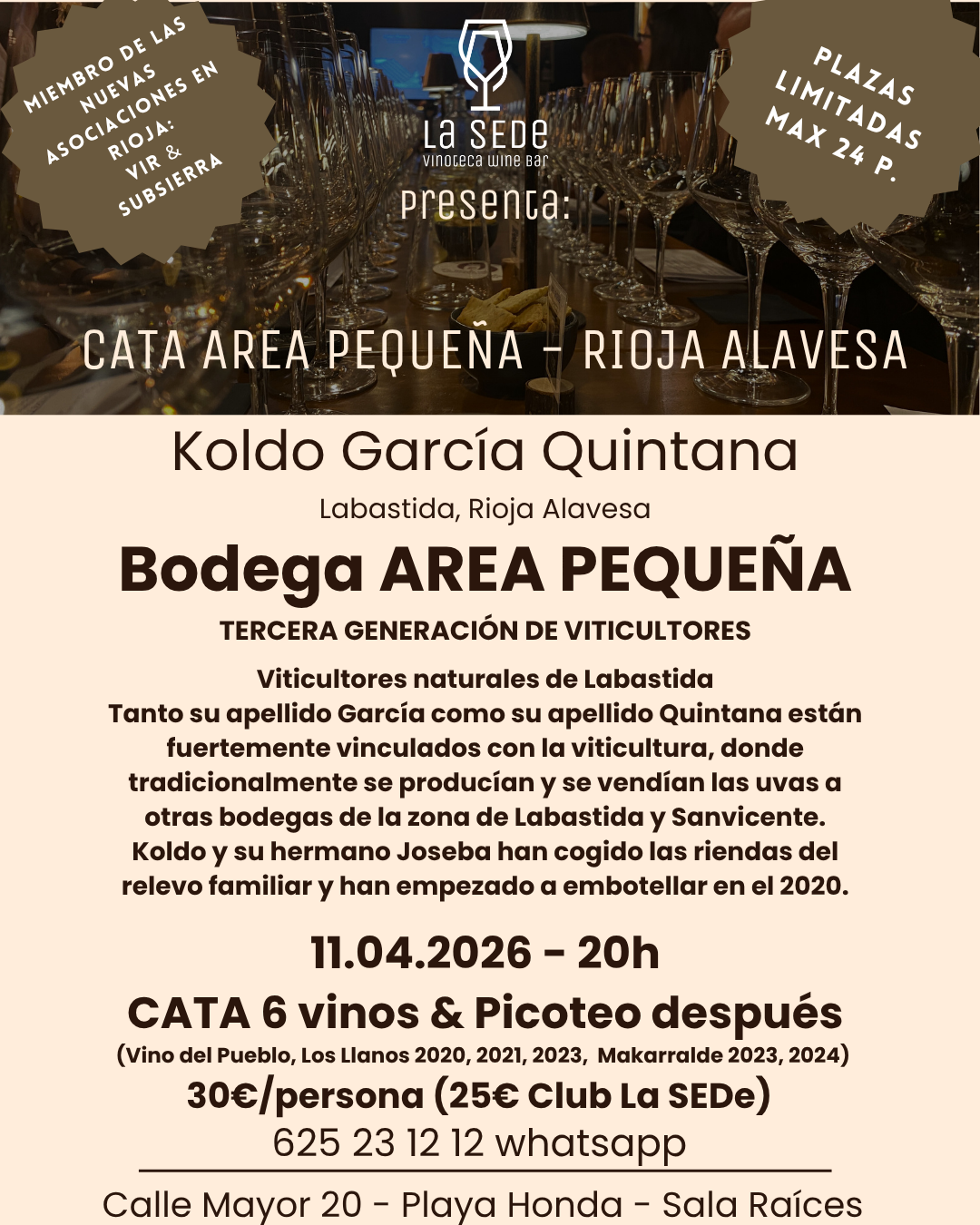 Cartel de la cata de Bodega Área Pequeña con Koldo García Quintana en la Sala Raíces de La SEDe, 11 de abril de 2026