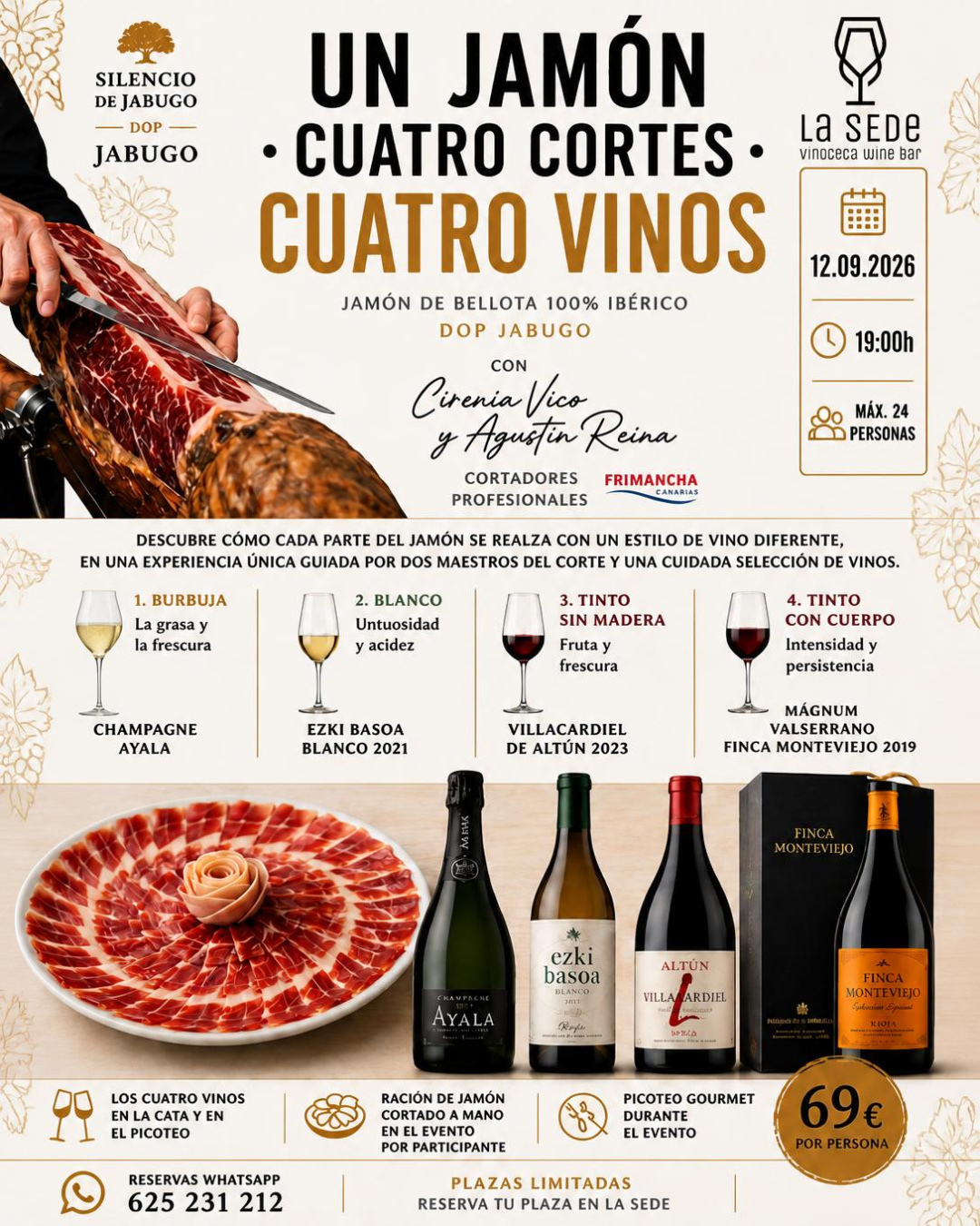 Cartel de la cata Un jamón, cuatro cortes, cuatro vinos con jamón DOP Jabugo en La SEDe, 12 de septiembre de 2026