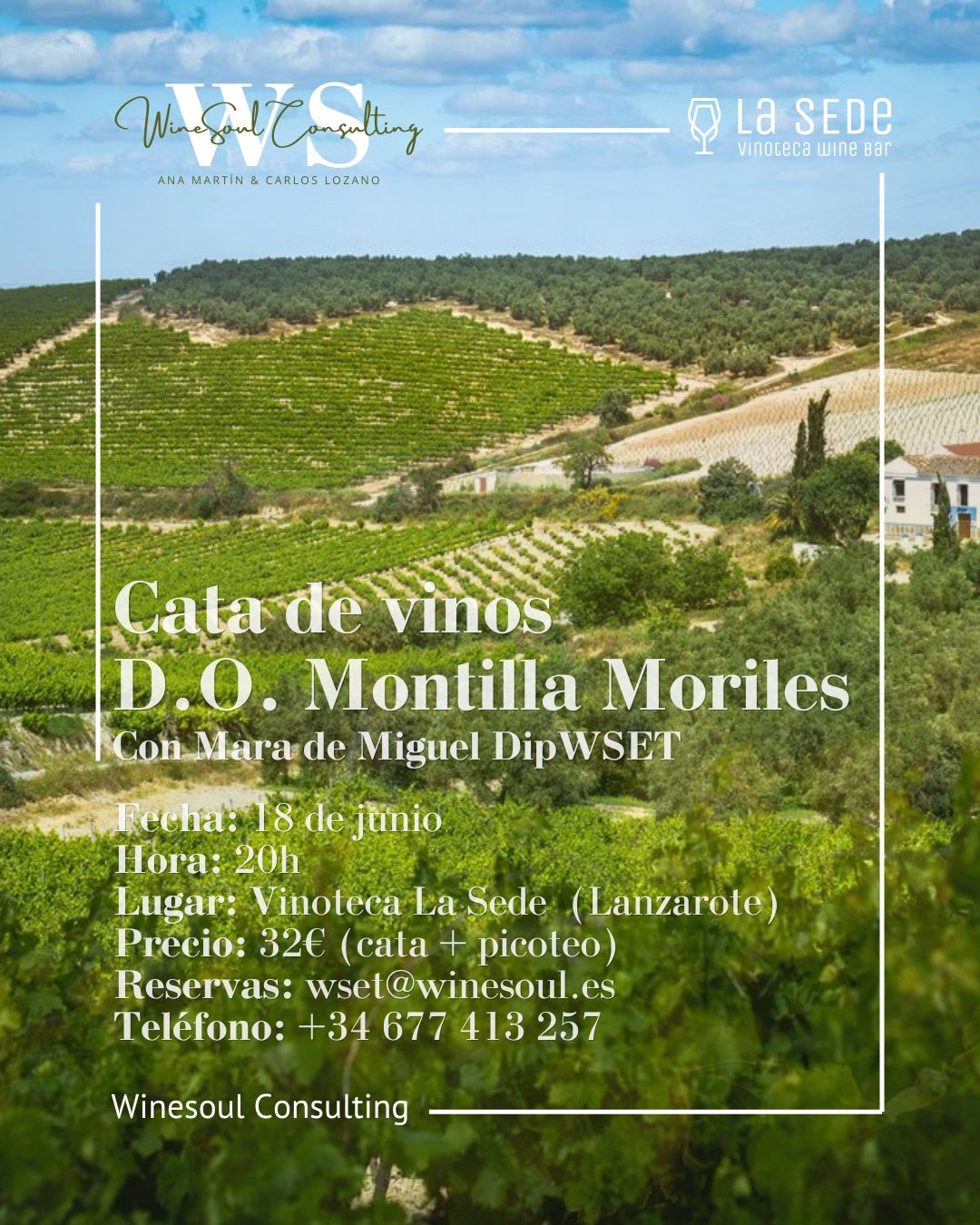 Cartel de la cata D.O. Montilla-Moriles con Mara de Miguel, organizada por Winesoul Consulting en La SEDe